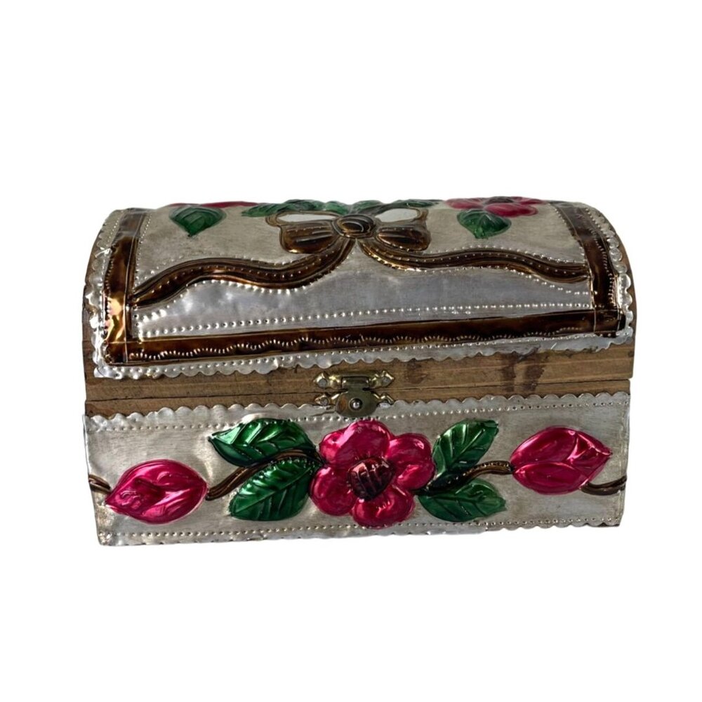 Vintage Pressed Tin Wooden Latched Trinket Chest Box, Floral Metallic Colorful